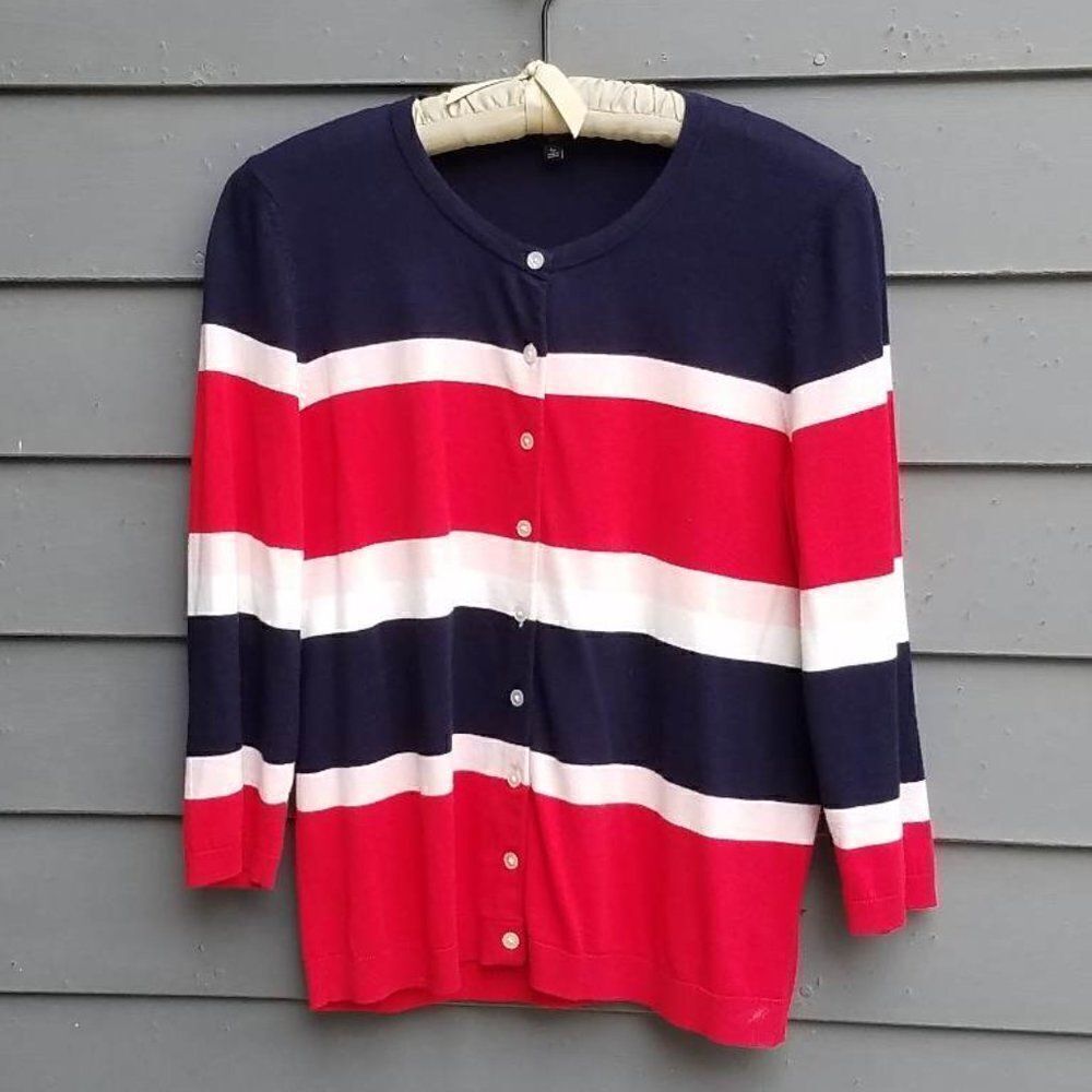Talbots Navy Red Stripe Cardigan Sweater Size Large Petite